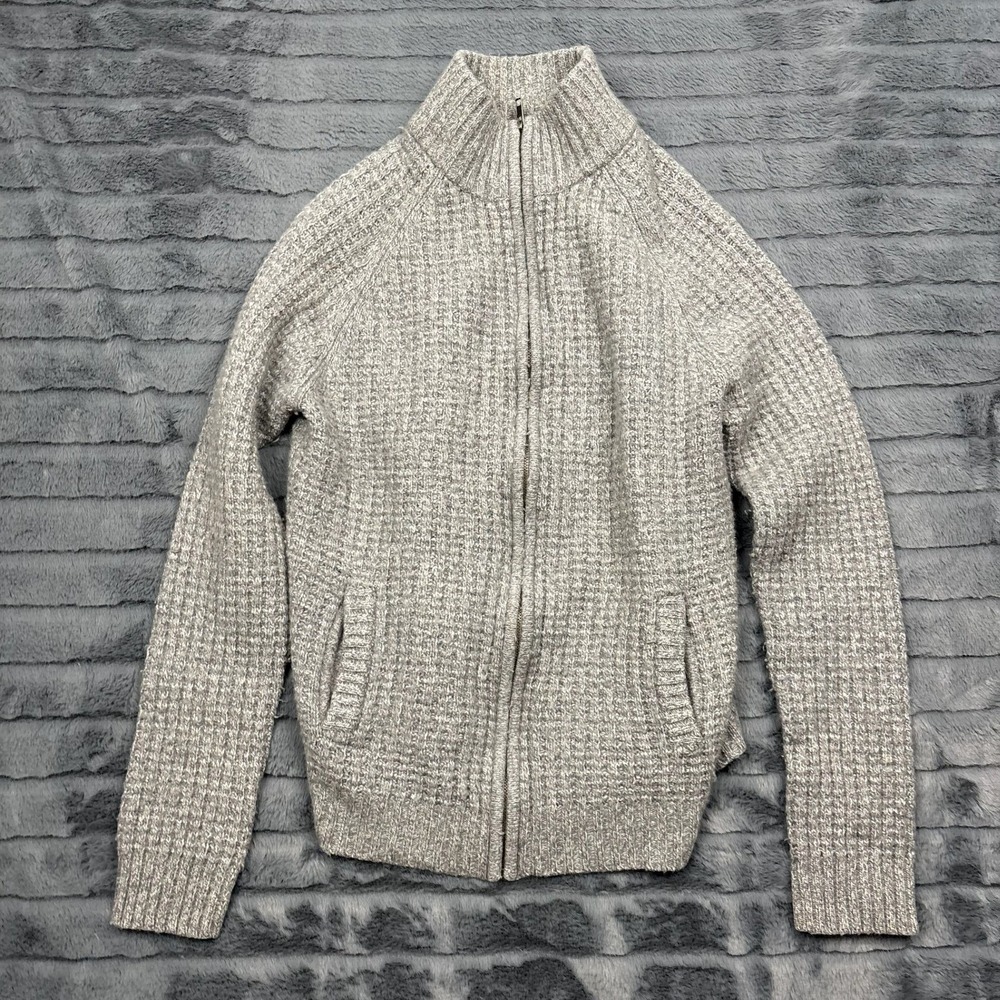 Fossil Mens Gray Lambswool Blend Waffle Knit Full Zip Cardigan Sweater M